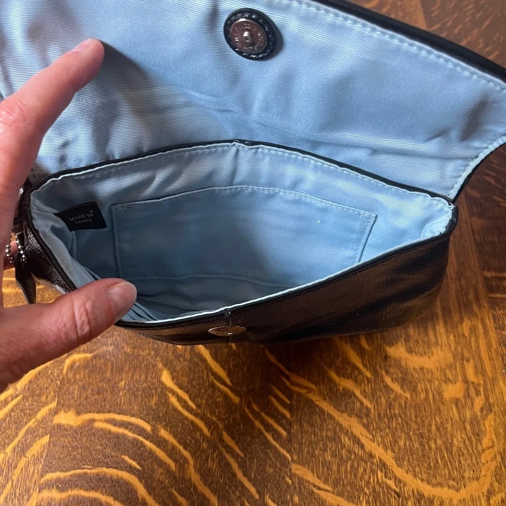 Coach Black Patent Leather Clutch Wristlet with Silver Accents